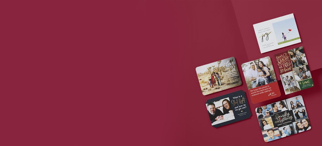 Holiday cards with different themes and styles on a red background