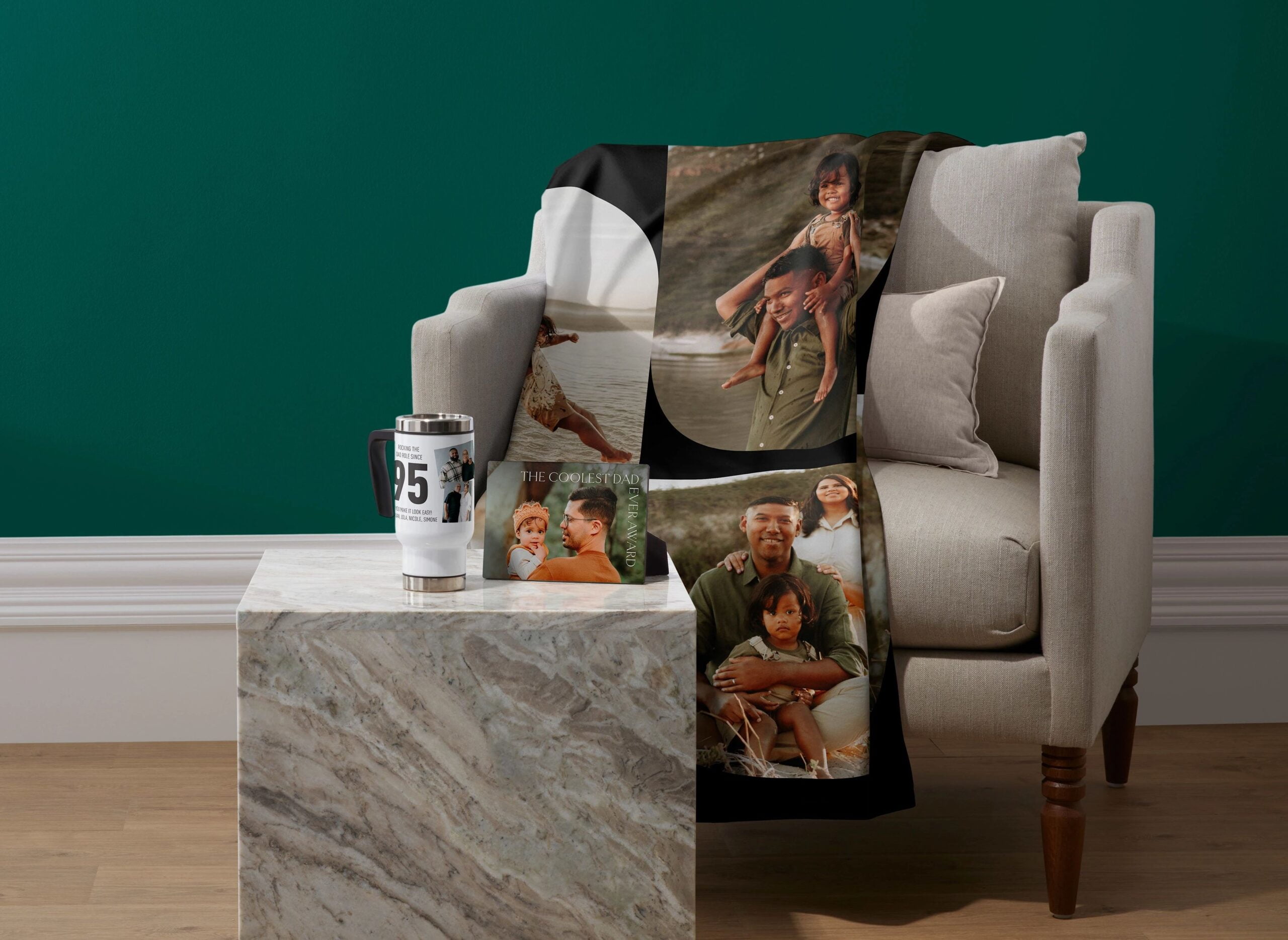 personalized gifts like a tumbler, tabletop print, and fleece photo blanket