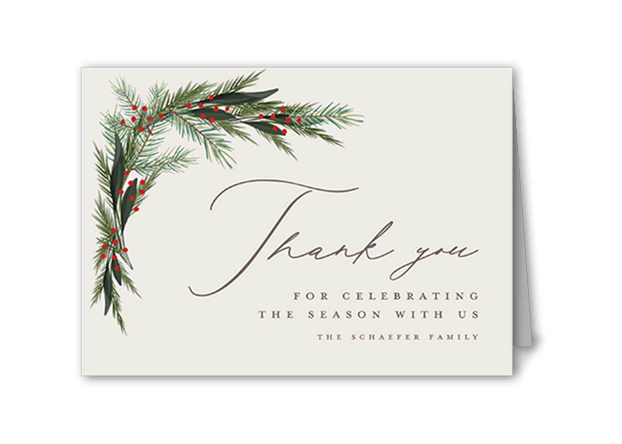 modern christmas thank you card with mistletoe design
