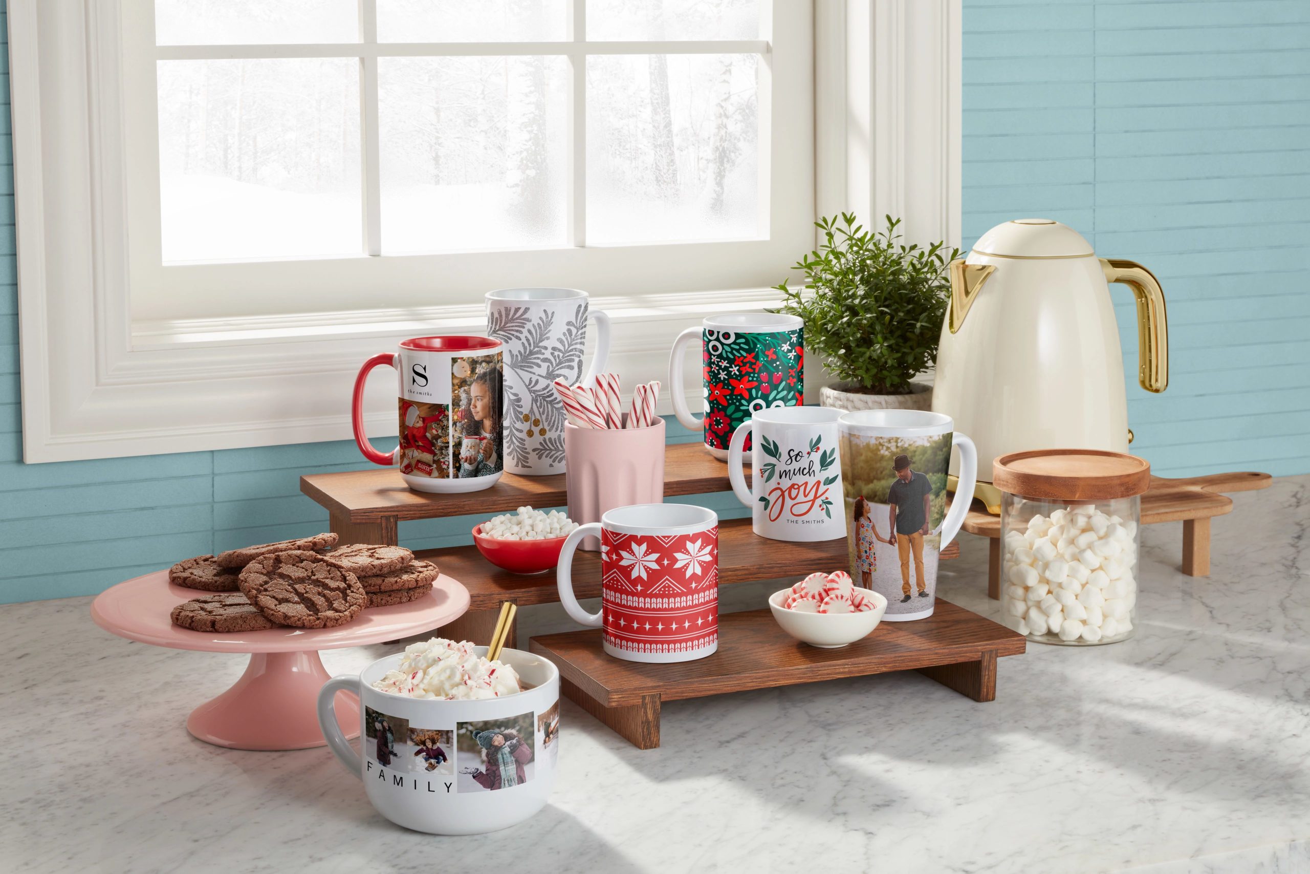 A collection of custom mugs designed with photos