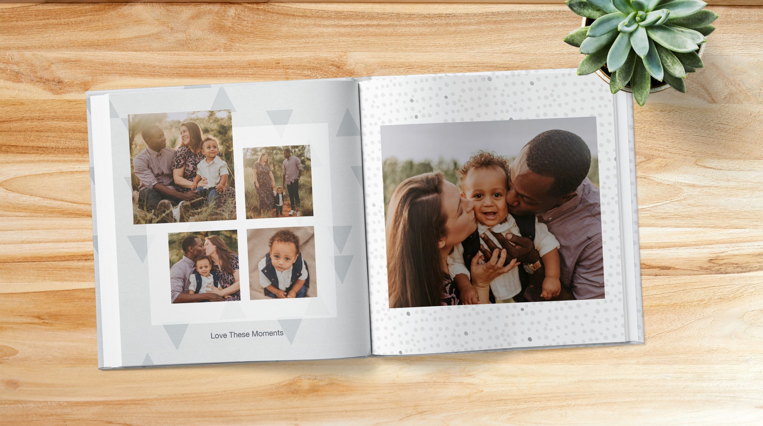 family posing together in a baby photo album