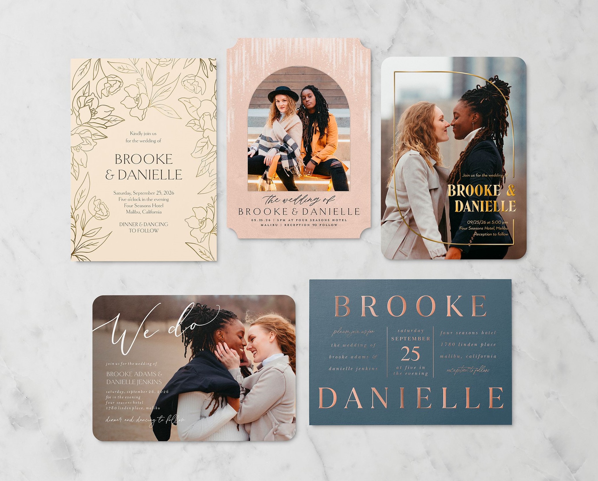 five different styles of wedding cards