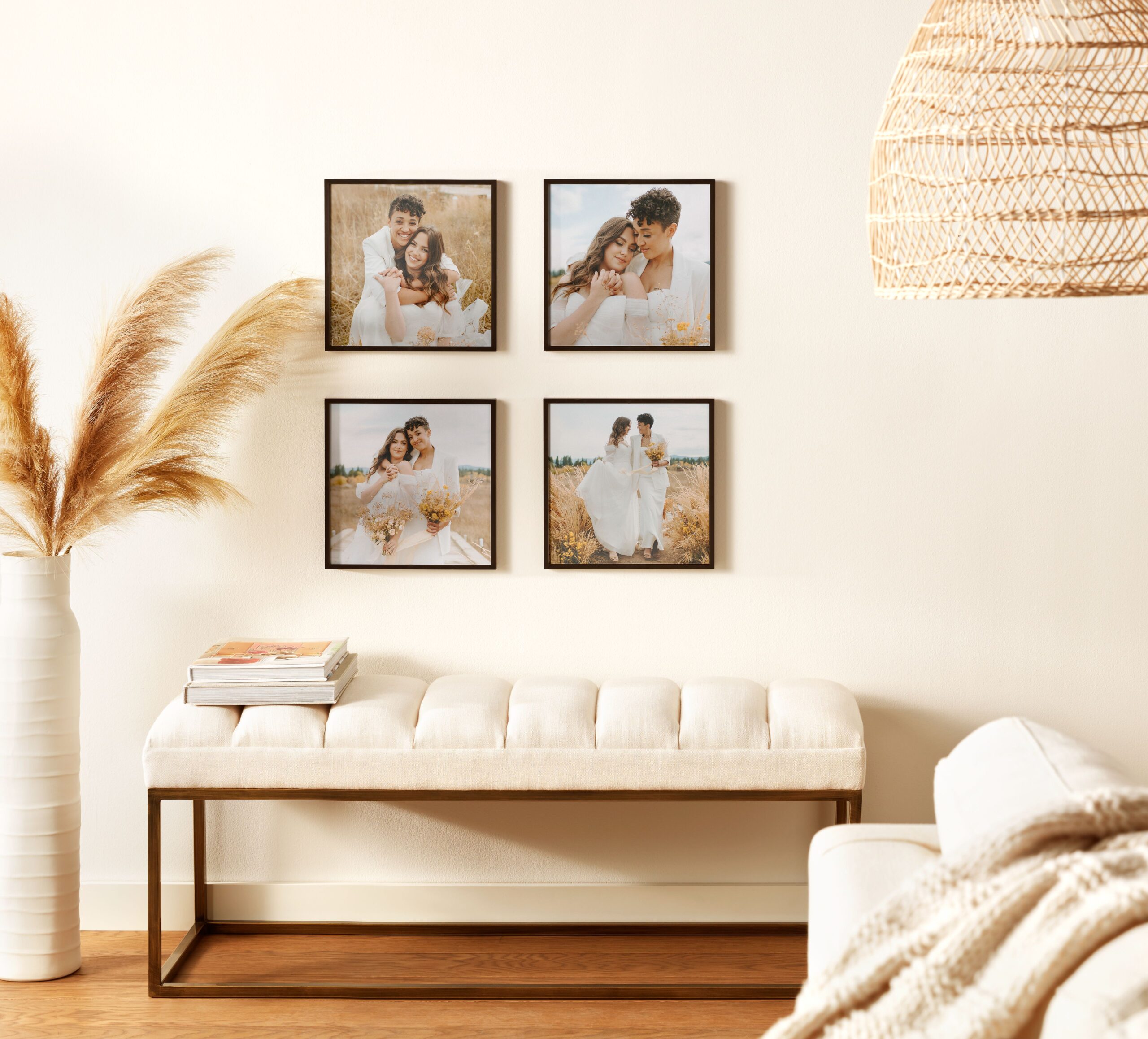 four framed photo tiles hanging on a wall