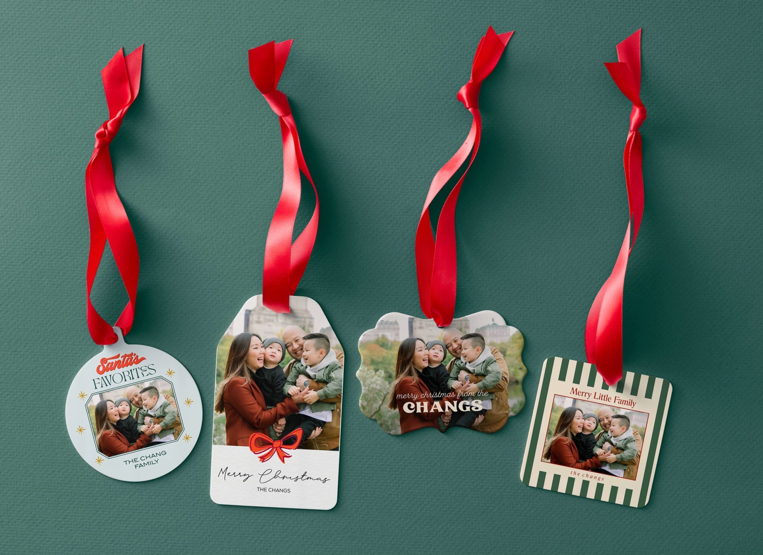 four personalized christmas ornaments with photos