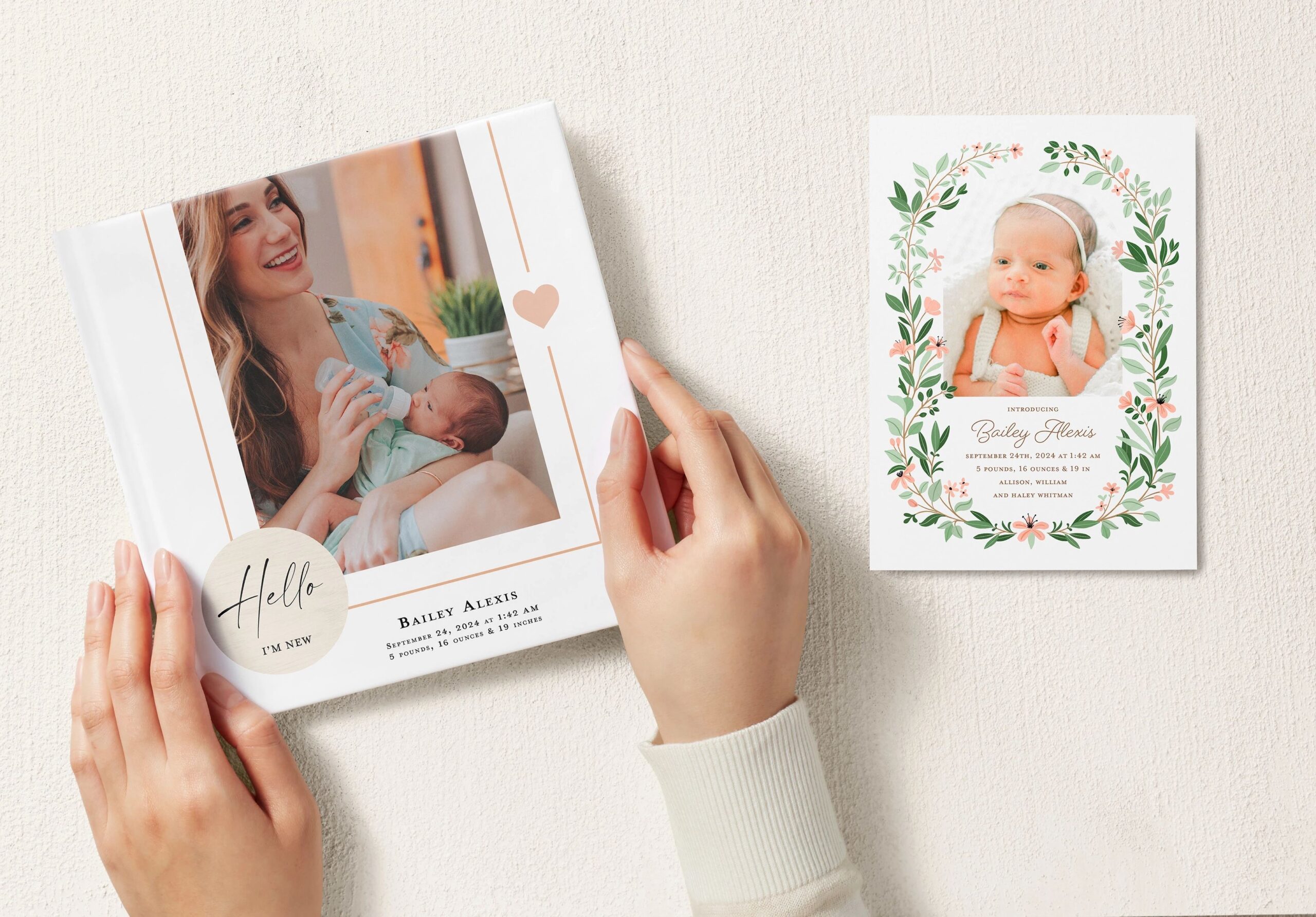 baby photo book and birth announcement card