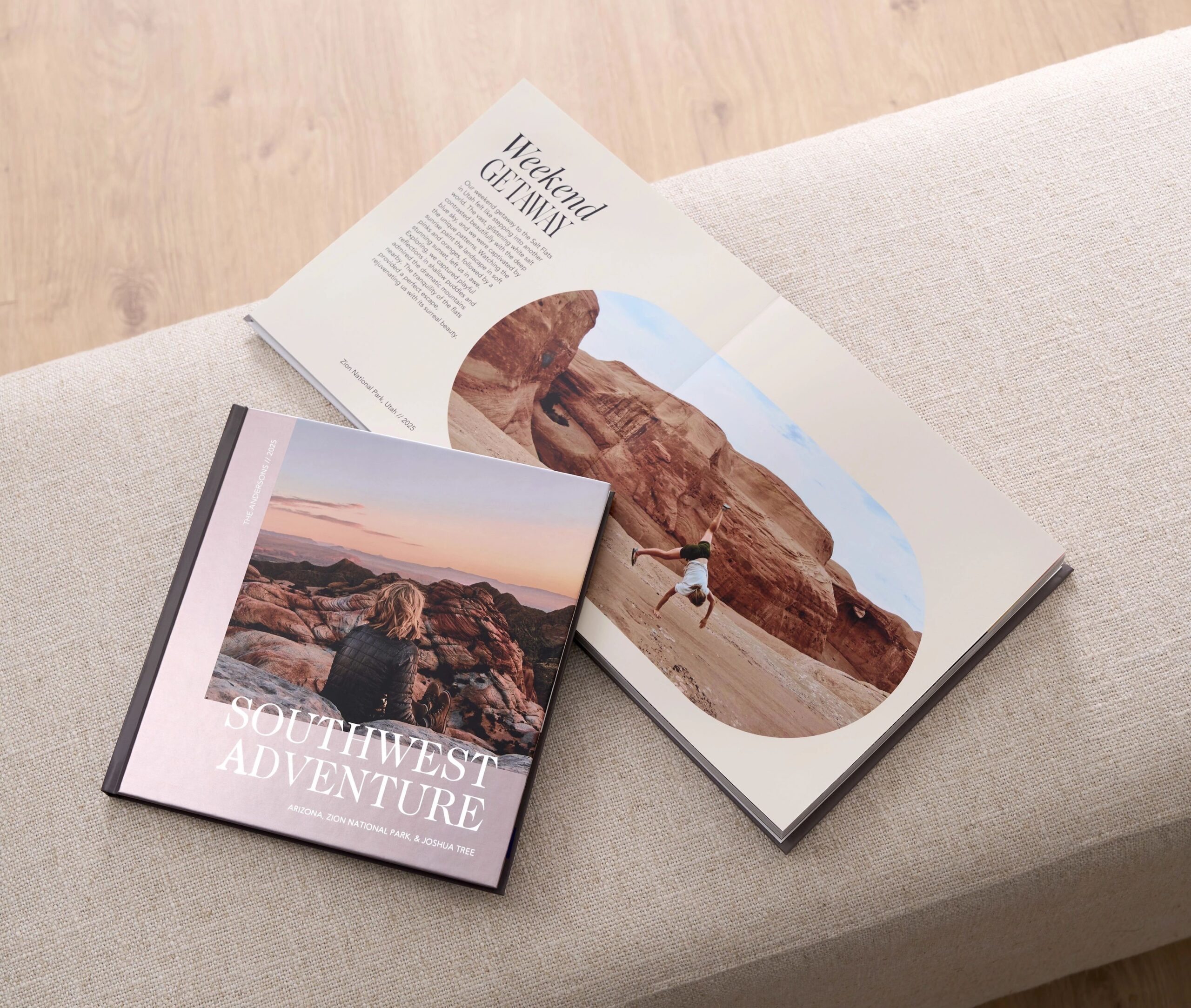 one closed and one open travel photo book