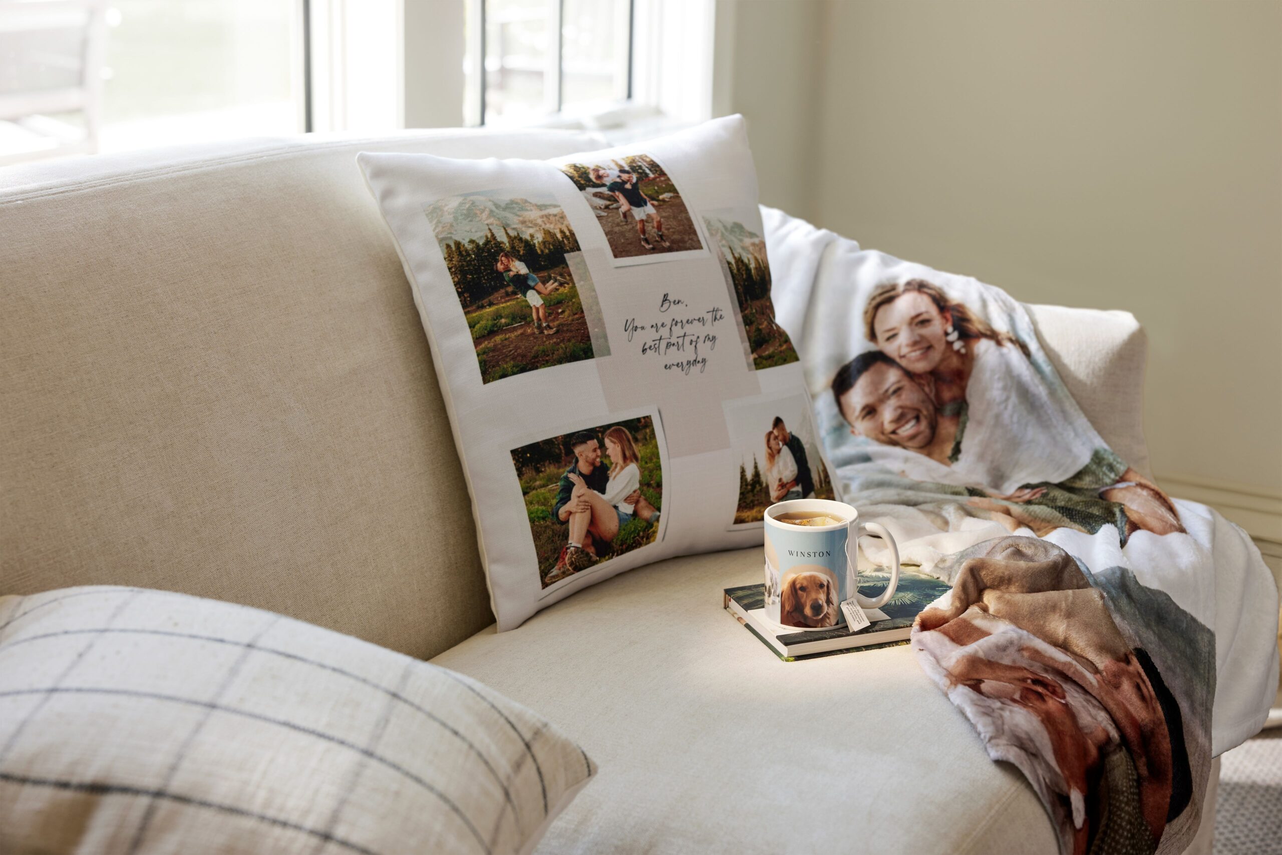 personalized blanket, mug, and pillow with pictures of a couple