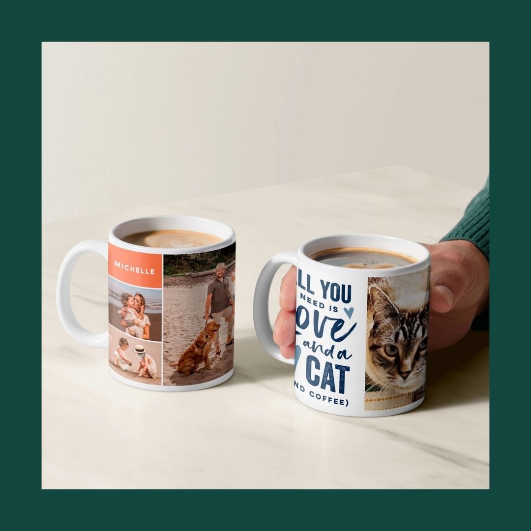 two custom photo mugs