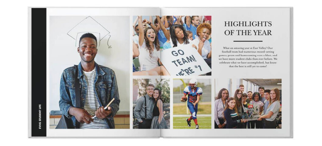 school yearbook spread with student photos and highlights of the year